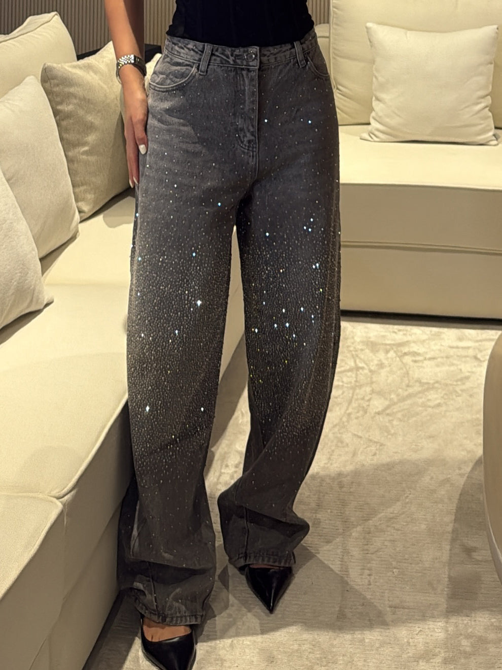 Women Rhinestone Wide Leg Jeans High Waist Sparkly Loose Fit Denim Pants