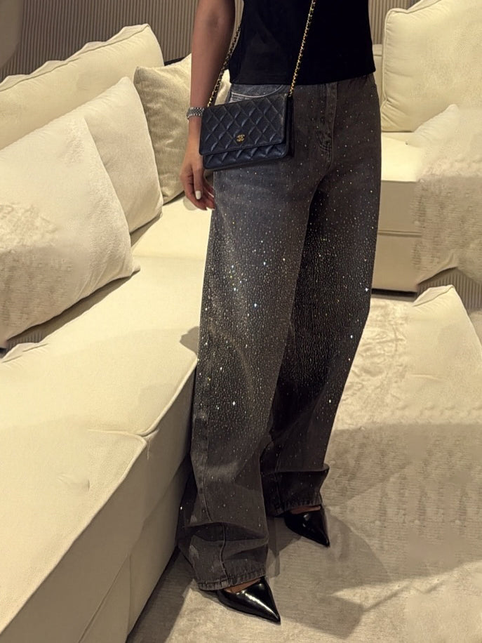 Women Rhinestone Wide Leg Jeans High Waist Sparkly Loose Fit Denim Pants