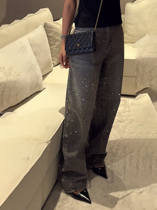 Women Rhinestone Wide Leg Jeans High Waist Sparkly Loose Fit Denim Pants