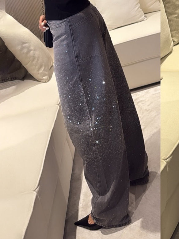 Women Rhinestone Wide Leg Jeans High Waist Sparkly Loose Fit Denim Pants